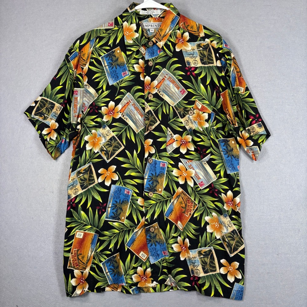 Imprints Mens Vintage Button Up Shirt Medium Florida Postcard Tropical Hawaiian